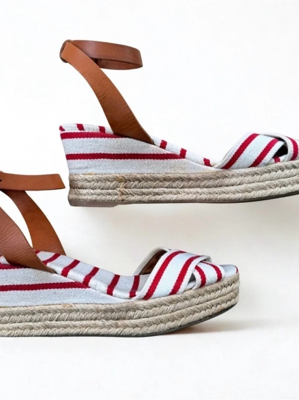Tory Burch Red and White Striped Espadrille Wedge Sandals with Tan Ankle Strap